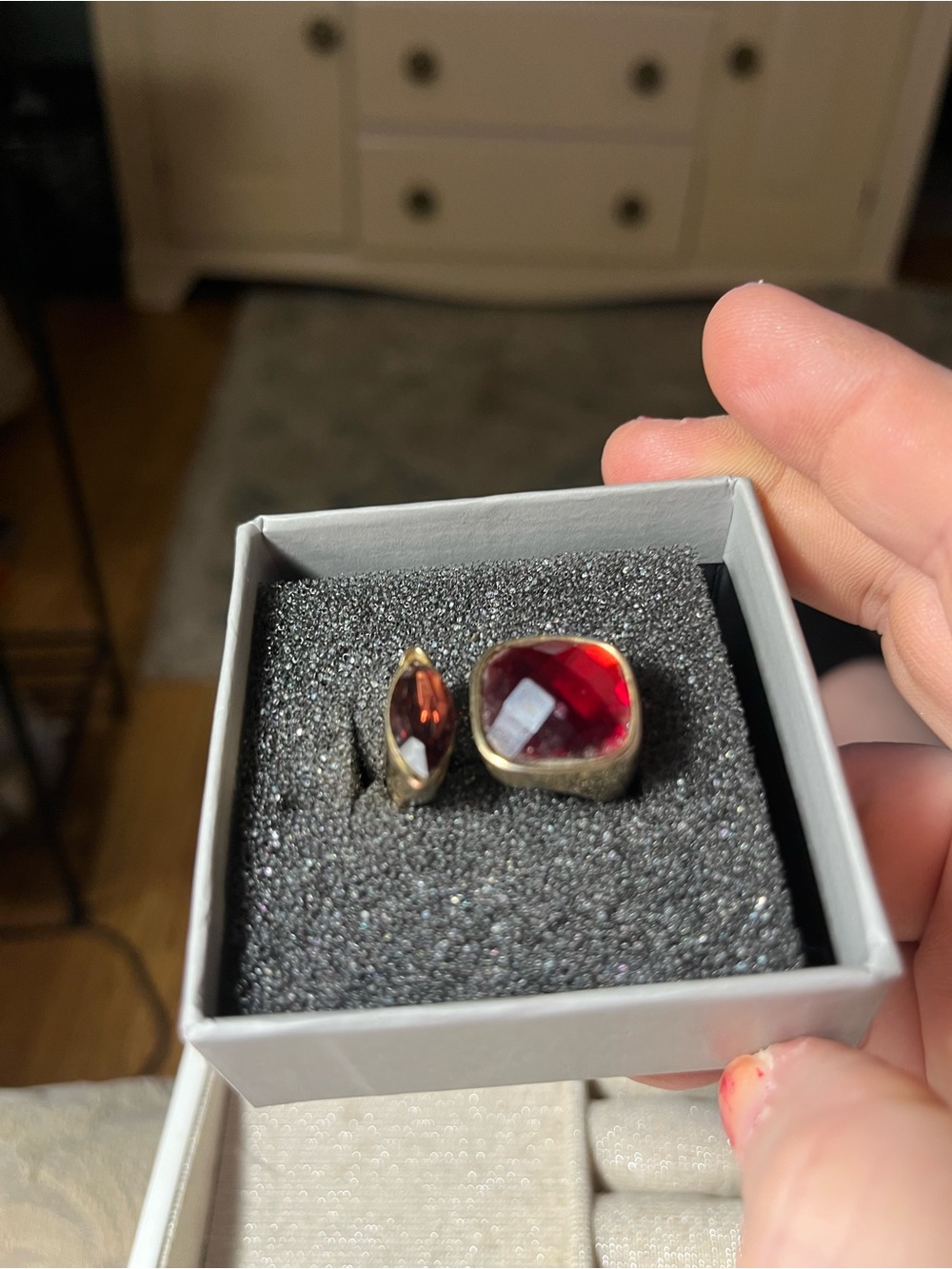 Gold-Tone Ring Set with Deep Red Gemstones - Women Jewelry